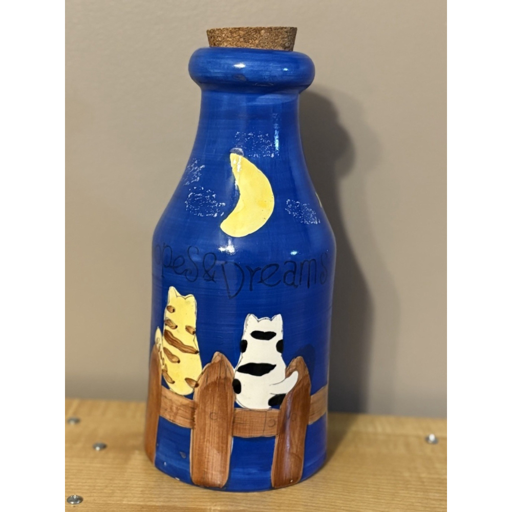Hand Painted 90s Vintage Bottle Moon Star Whimsy Decor Cottage Core Ceramic Bank